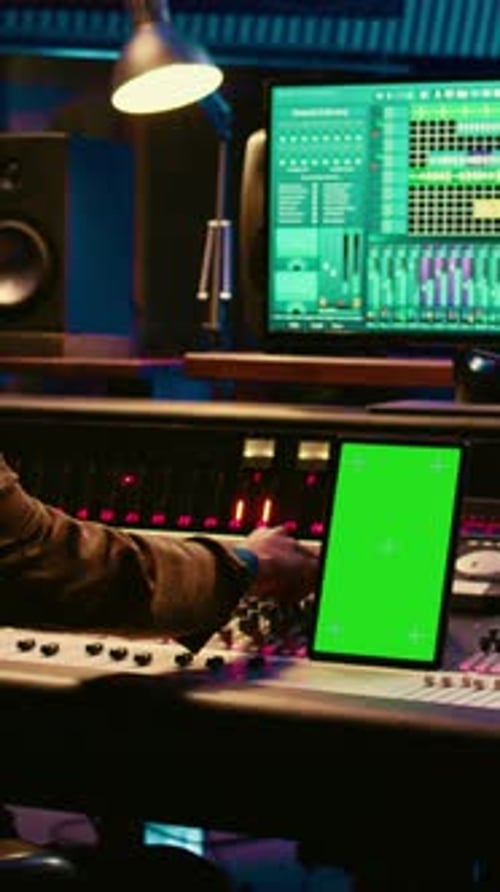 Vertikaler Video-Afroamerikanischer Audiotechniker, der Tracks mit Greenscreen mischt und bearbeitet