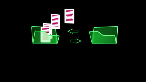 Konzeptionelle Animation zweier grüner Ordner, die einen bidirektionalen Datenaustausch durchführen.