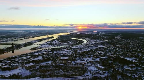 Magical Sunrise Over Riga City And River Captured By Drone In Winter Light