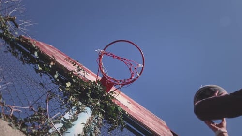 Upward View Basketball Ball Hits the Basket The Player Successfully Throws the Ball Into the Hoop