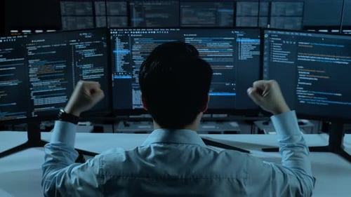 Back View Of Happy Asian Man Celebrating While Write Code With Multiple Computer Screens In office