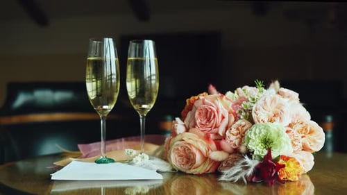 Bridal Bouquet and Champagne on Table