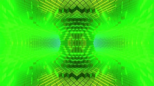 Grüner abstrakter Hintergrund innerhalb der Pixelisierung des 3D-Renderings eines Torustunnels. Nahtlos geschlungen. NFT