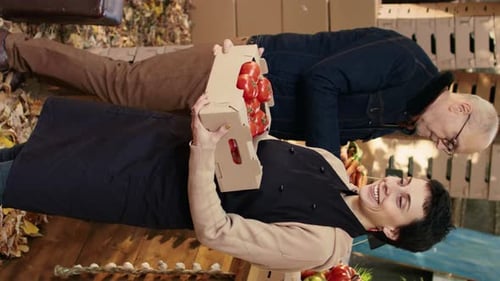 Smiling Woman With Tomatoes at Outdoor Market
