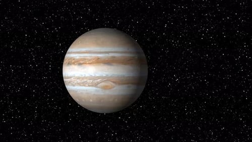 Abstrakter realistischer Jupiterplanet am Himmel. Animation Jupiterplanet und Sternenhintergrund.