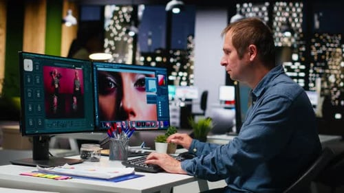 Male Skilled Editor Using AI Chatbot Turning Text Prompt Into Photos