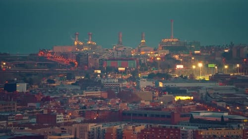Establishing Shot of Barcelona Skyline From West to East Barcelona City Streets Illuminated and