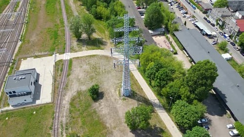Aerial view of the high voltage power lines and high voltage electric transmission