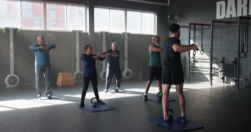 Exercise, gym and personal trainer with senior people for training, fitness and warm up for workout