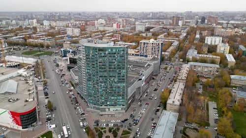 Drone View of a Modern Skyscraper Located in the City of Novosibirsk in Autumn Season