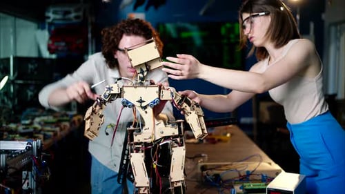 Two young engineers fixing a mechanical robot in the workshop