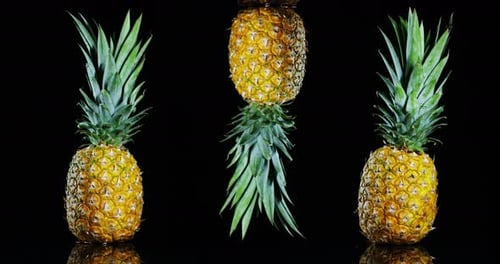 composition of three ripe and fresh pineapple, on elegant black background. Pineapple, exotic frui