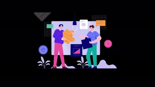 Two men collaborating on a project with colorful design elements