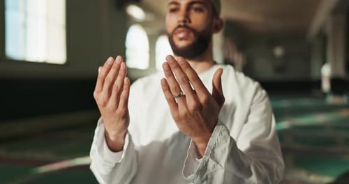 Muslim pray, hands and Islamic man at mosque with peace, hope and understanding