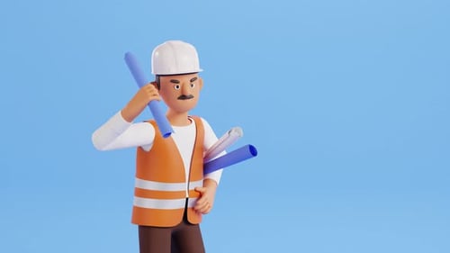 Angry builder character and construction site worker looped animation. Foreman and architect