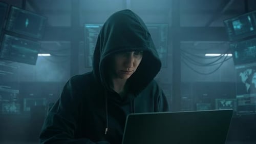 Futuristic Digital Data Background with Hacker Typing on Laptop
