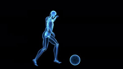 Human skeleton playing soccer with a glowing blue digital ball