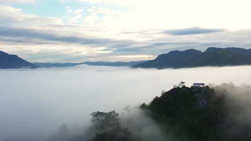 Aerial View Of Mountains In The Morning With Fog , Pha Daeng Peak Viewpoint, Luang Prabang, Laos
