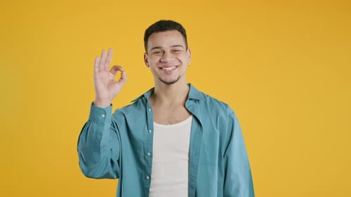 Young Adult Giving OK Hand Gesture in Studio