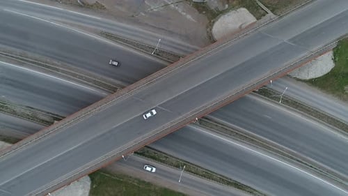 Aerial Top Down View of Highway Interchange Junction Road with Traffic