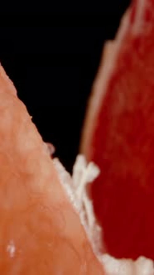 Vertical video. The camera moves through a torn grapefruit. Dolly slider extreme close-up.