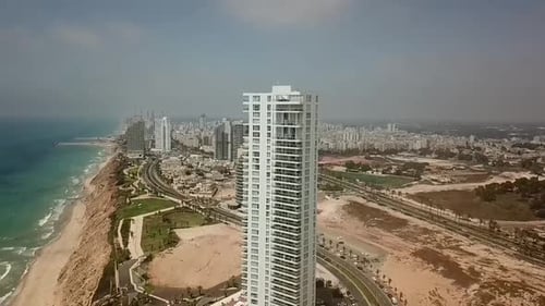 Aerial view of Netanya City and it's coastline- part of the Israeli coastal plain