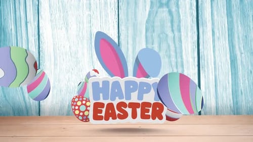 Happy Easter Text Animation with Colorful Eggs and Bunny Ears