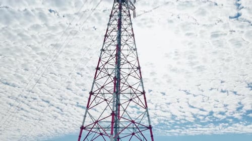 aerial view electric substation, pylon power line high voltage, electrical transmission field,