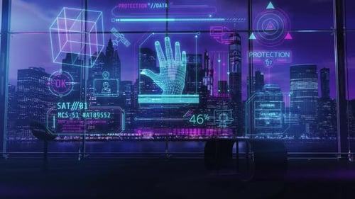 Animated Futuristic UI Display with Holographic Data Elements