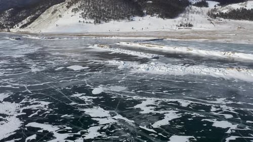 Aerial view of frozen lake Baikal, Russia.