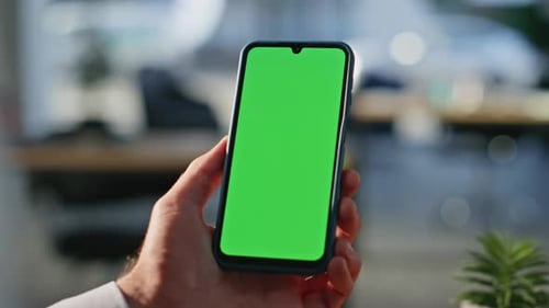 Businessman Using Chromakey Smartphone Making Online Order at Workplace Closeup