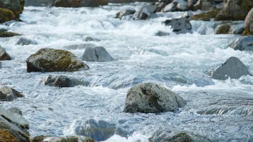 Pure Water Stream Running Through Stone Boulders Mountain River Water Splashing