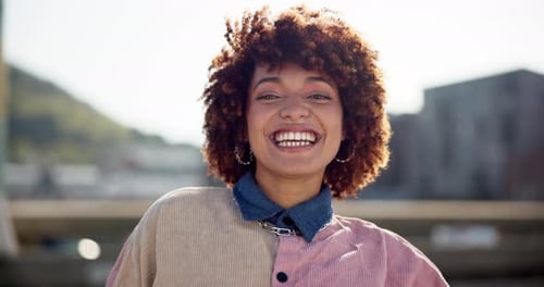 Happy, face and woman with fashion in city for streetwear clothes, style and travel on holiday