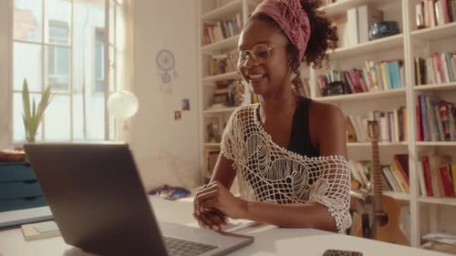 Adult Woman Video Calling From Home Office