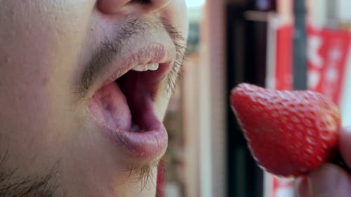 Man Biting into Fresh Strawberry Close Up