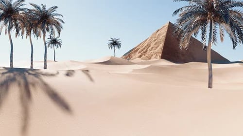Animated Desert Landscape with Pyramid and Palm Trees