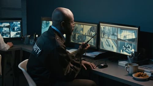 Security Guard Monitoring Surveillance Footage at Night