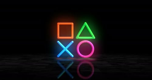 Íconos del joystick, símbolos Vídeo electrónicos, luces 3D de neón brillantes