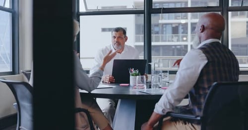 Laptop, CEO or senior business people in meeting planning a marketing strategy for company financial