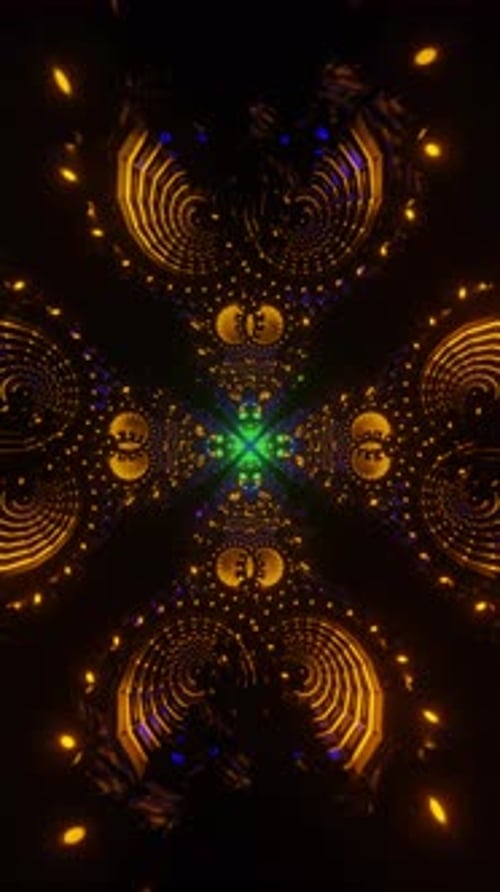 Vídeo vertical de formas geométricas giratorias con pulsos de neón vibrantes