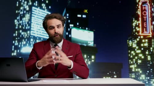 News Anchor Speaking in Front of Cityscape Background