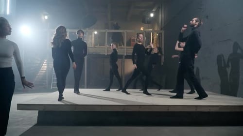 Wide Shot Talented Men and Women Rehearsing Theater Performance on Backstage Doing Lunges Looking Up