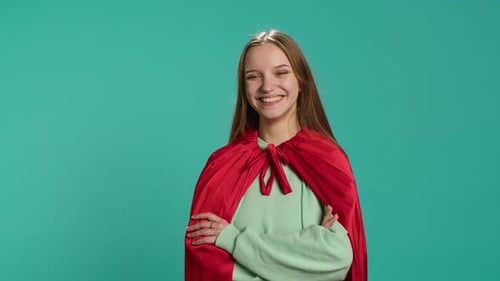 Portrait of Jolly Heroic Person Posing As Powerful Hero Character