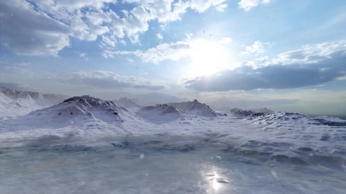 Bright Winter Landscape with Sun, Snow, and Sparkling Particles