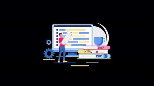 Person, die mit Büchern und Computer auf einem Schreibtisch programmiert