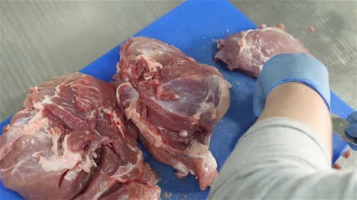 Raw Meat Being Cut on a Cutting Board