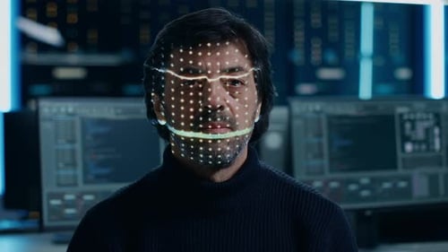 Handsome Middle Aged Man is Identified by Biometric Facial Recognition Scanning Process. Futuristic