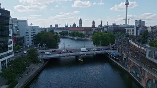 Aerial view of residential buildings on the bank of spree river , Berlin