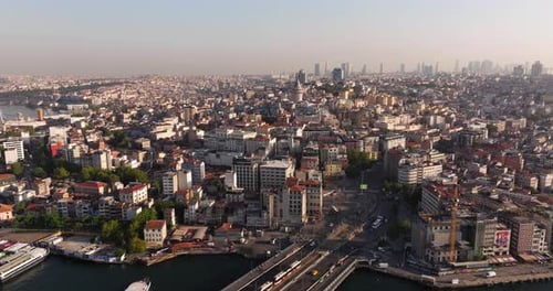 Cinematic Establishing Shot Above Galata Bridge, Karakoy, toward Galata Tower