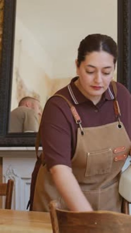 Waitress Wiping Table while Manager Helping in Cafe